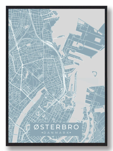 Østerbro byplakat i stilrent design. Denne Østerbro byplakat er med lyseblå baggrund og viser Østerbro fra sin smukkeste side