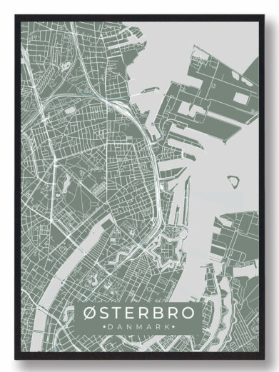 Østerbro byplakat i stilrent design. Denne Østerbro byplakat er med grøn baggrund og viser Østerbro fra sin smukkeste side