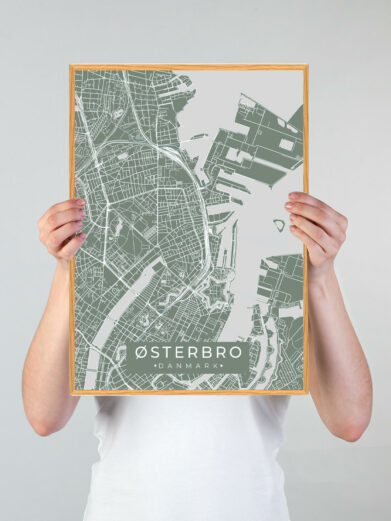 Østerbro by plakat med grøn baggrund. Østerbro byplakaten viser Østerbro fra sin smukkeste side