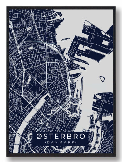 Østerbro byplakat i stilrent design. Denne Østerbro byplakat er med mørkeblå baggrund og viser Østerbro fra sin smukkeste side
