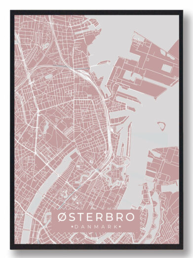 Østerbro byplakat i stilrent design. Denne Østerbro byplakat er med rosa baggrund og viser Østerbro fra sin smukkeste side