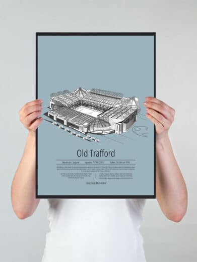 Fodbold plakat med Manchester United stadion. Denne fodbold plakat med Manchester United er i flot stilren lyseblå baggrund