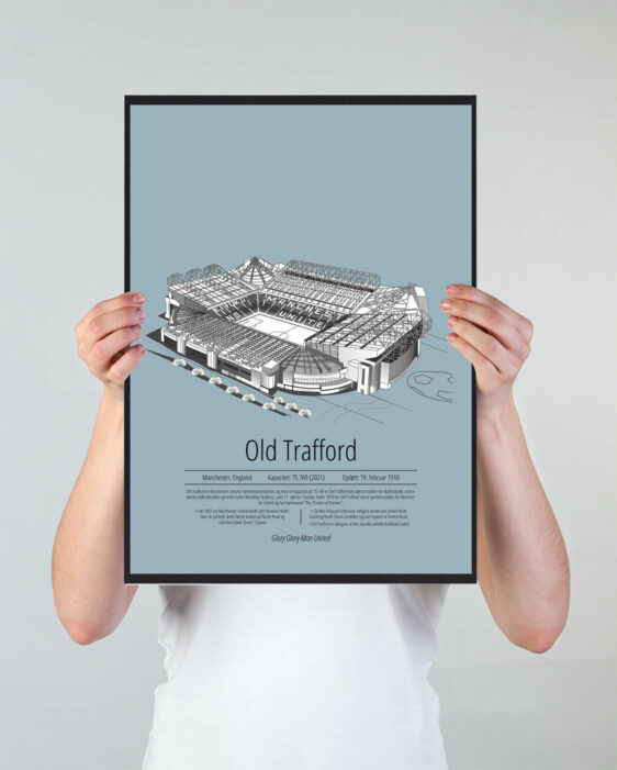 Fodbold plakat med Manchester United stadion. Denne fodbold plakat med Manchester United er i flot stilren lyseblå baggrund