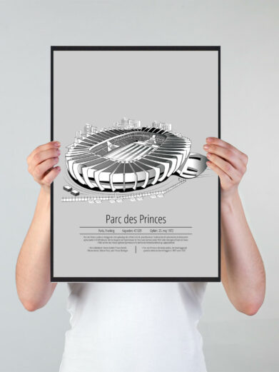 Fodbold plakat med Paris PSG stadion. Denne fodbold plakat med Paris PSG er i flot stilren grå baggrund