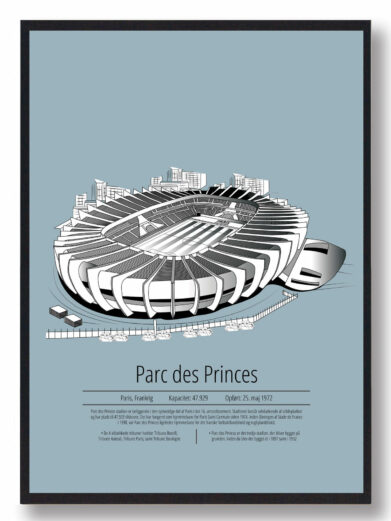 Fodbold plakat med Paris PSG stadion. Denne fodbold plakat med Paris PSG er i flot stilren lyseblå baggrund