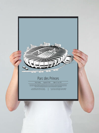 Fodbold plakat med Paris PSG stadion. Denne fodbold plakat med Paris PSG er i flot stilren lyseblå baggrund