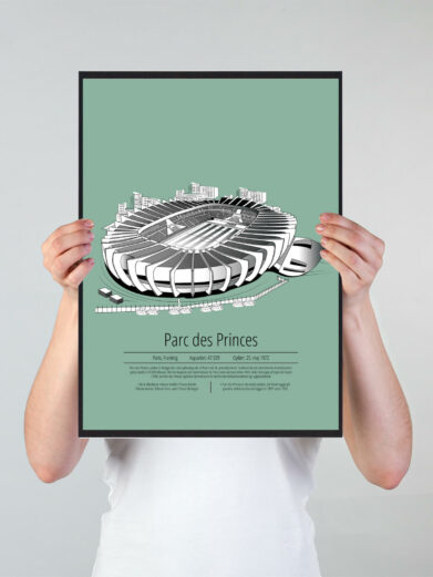 Fodbold plakat med Paris PSG stadion. Denne fodbold plakat med Paris PSG er i flot stilren grøn baggrund