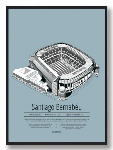 Fodbold plakat med Real Madrid stadion. Denne fodbold plakat med Real Madrid park er i flot stilren lyseblå baggrund
