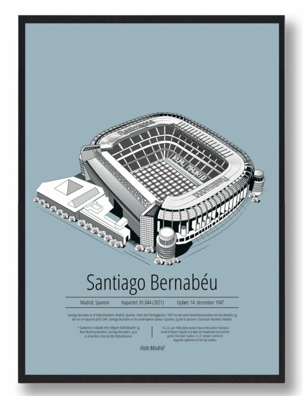 Fodbold plakat med Real Madrid stadion. Denne fodbold plakat med Real Madrid park er i flot stilren lyseblå baggrund