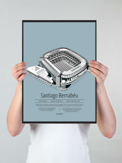 Fodbold plakat med Real Madrid stadion. Denne fodbold plakat med Real Madrid park er i flot stilren lyseblå baggrund