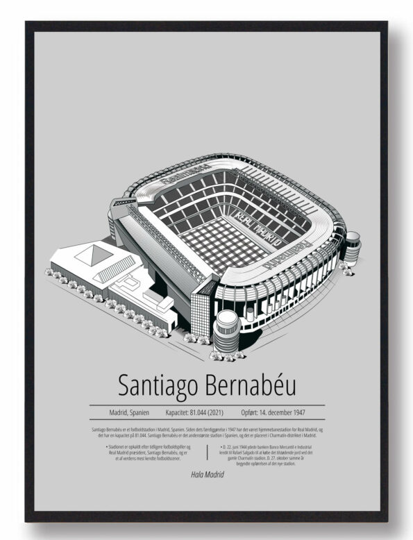 Fodbold plakat med Real Madrid stadion. Denne fodbold plakat med Real Madrid park er i flot stilren grå baggrund