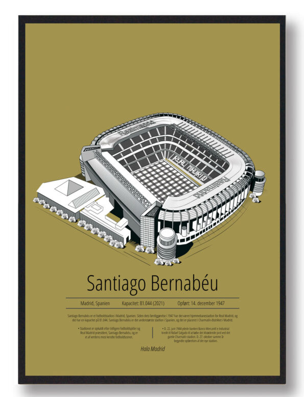 Fodbold plakat med Real Madrid stadion. Denne fodbold plakat med Real Madrid park er i flot stilren gul baggrund