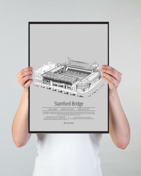 Fodbold plakat med Chelsea stadion. Denne fodbold plakat med Chelsea er i flot stilren grå baggrund