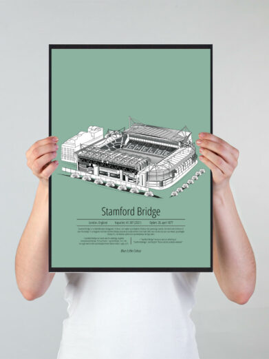 Fodbold plakat med Chelsea stadion. Denne fodbold plakat med Chelsea er i flot stilren grøn baggrund