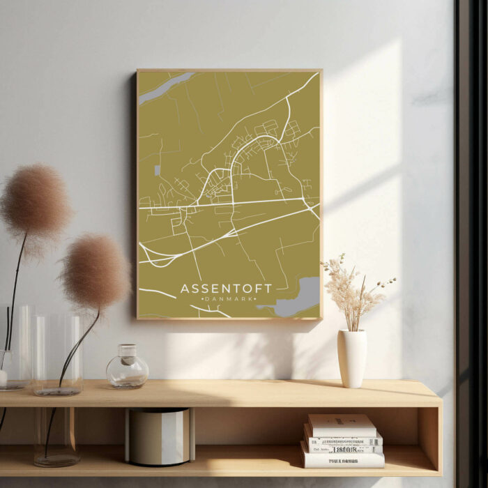 Assentoft by plakat er perfekt boligplakat, til stuen. Denne Assentoft plakat med området som motiv viser Assentoft fra sin smukkeste side