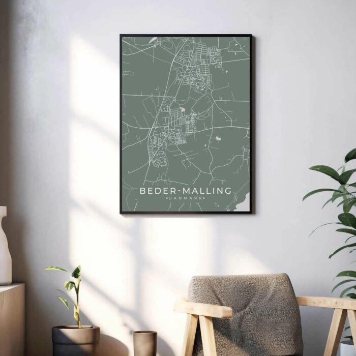 Beder Malling by plakat er perfekt boligplakat, til stuen. Denne Beder Malling plakat med området som motiv viser Beder Malling fra sin smukkeste side