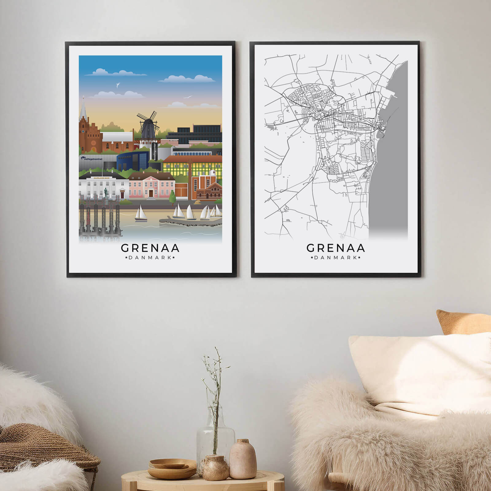 Grenaa by plakat er perfekt boligplakat, til stuen. Denne Grenaa plakat med området som motiv viser Grenaa fra sin smukkeste side