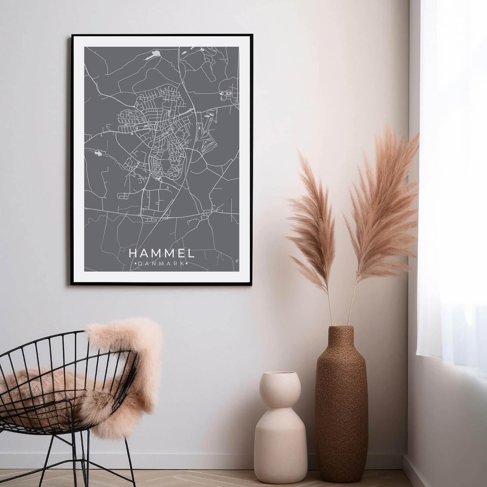 Hammel by plakat er perfekt boligplakat, til stuen. Denne Hammel plakat med området som motiv viser Hammel fra sin smukkeste side