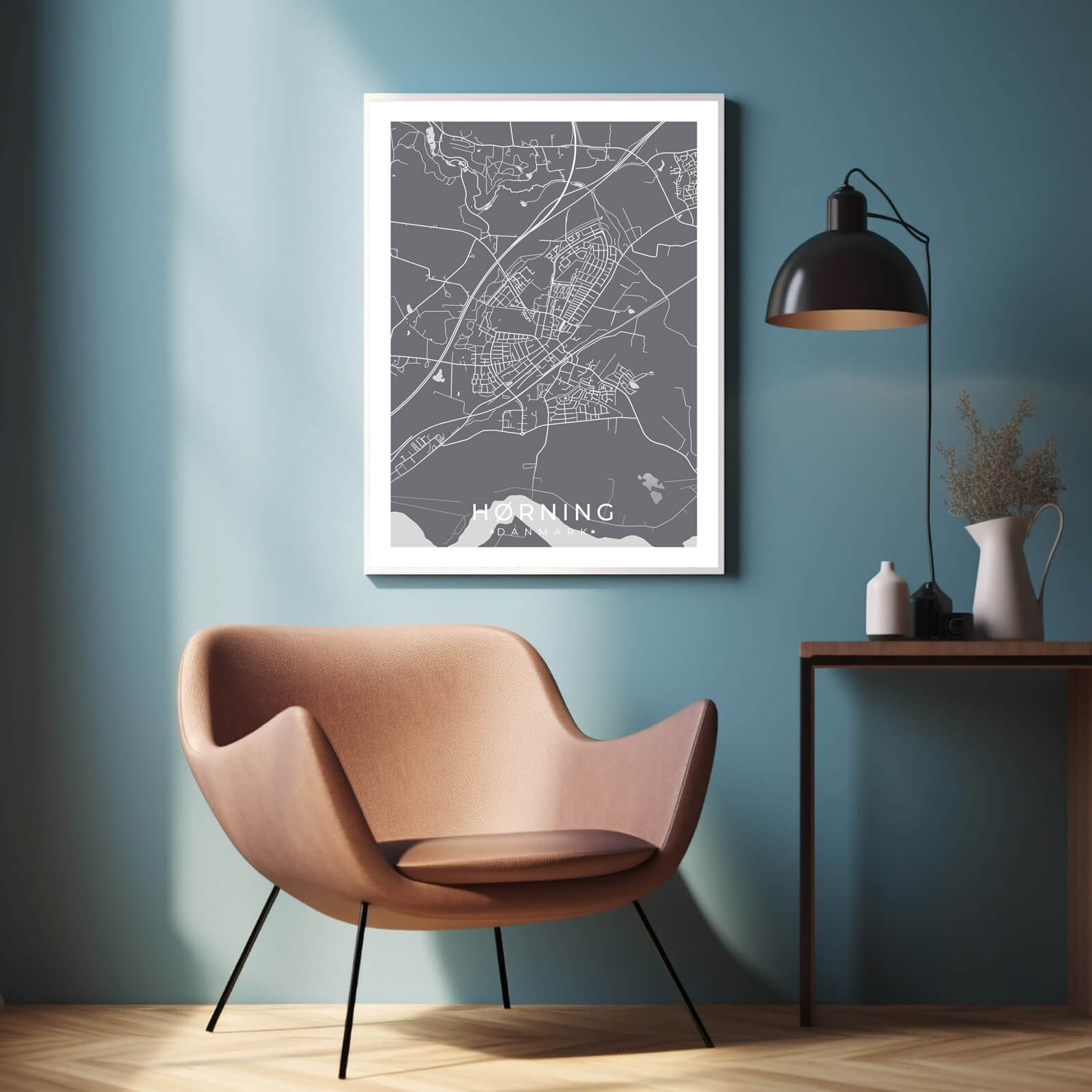Hørning by plakat er perfekt boligplakat, til stuen. Denne Hørning plakat med området som motiv viser Hørning fra sin smukkeste side