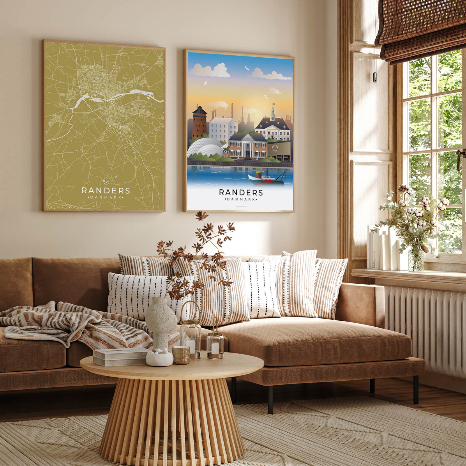 Randers by plakat er perfekt boligplakat, til stuen. Denne Randers plakat med området som motiv viser Randers fra sin smukkeste side
