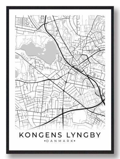 Sort Kongens Lyngby plakat viser et detaljeret kort over byen i minimalistisk stil. Flot bymotiv med veje, sø og sort ramme.