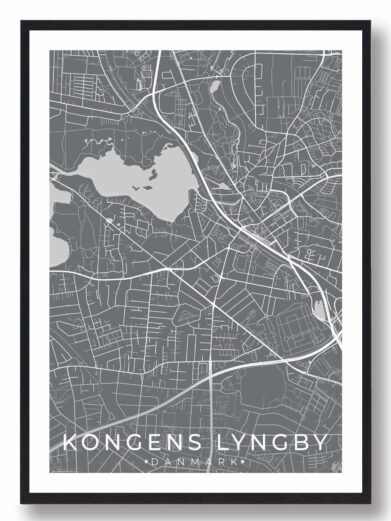 Kongens Lyngby by plakat, sort. Minimalistisk design med kort over byen. Perfekt til stuen. Elegant sort ramme.