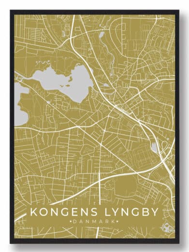 Kongens Lyngby plakat, sort. Kort over Sjælland med hvide linjer på gylden baggrund. Flot design til dit hjem. På tilbud!