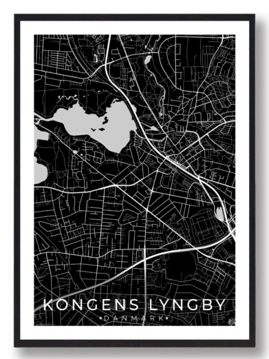 Kongens Lyngby sort byplakat. Minimalistisk kort over Lyngby, Sjælland. Sort baggrund med hvide veje. Perfekt vægkunst!