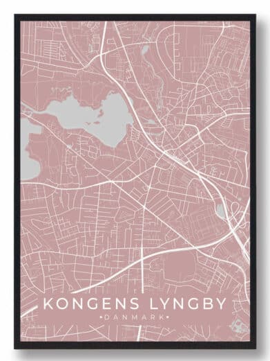 Kongens Lyngby plakat i sort ramme. Viser bykort med veje og søer i flotte detaljer. Perfekt til stuen!