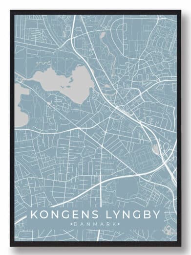 Kongens Lyngby plakat i sort ramme. Detaljeret kort over Sjælland. Moderne design, perfekt til stuen. Nu på tilbud!