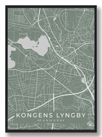 Sort Kongens Lyngby plakat med detaljeret kort over byen i Danmark. Stilfuldt design med veje og vandveje fremhævet. Perfekt vægkunst.