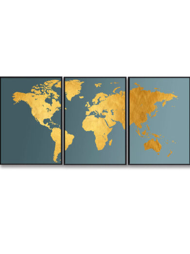 Verdenskortet The Road, 3-delt plakat i blå og guld. Stilfuldt verdenskort til boligen. Se det smukke design!