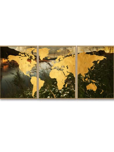 Verdenskortet The Road, 3 delt kort. Boligplakat i natur og guld. Stilfuldt verdenskort til stuen, 700x870.