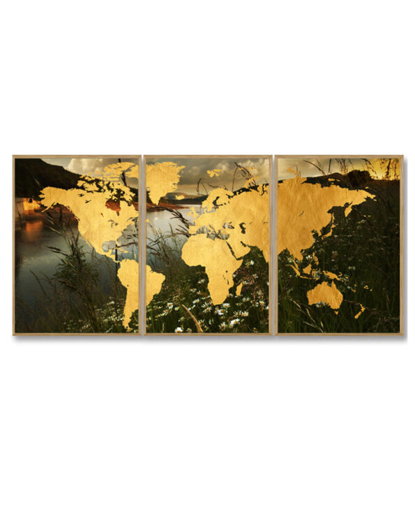 Verdenskort som er 3 delt plakat. Baggrunden er natur åløb og verdenskortet er i guld