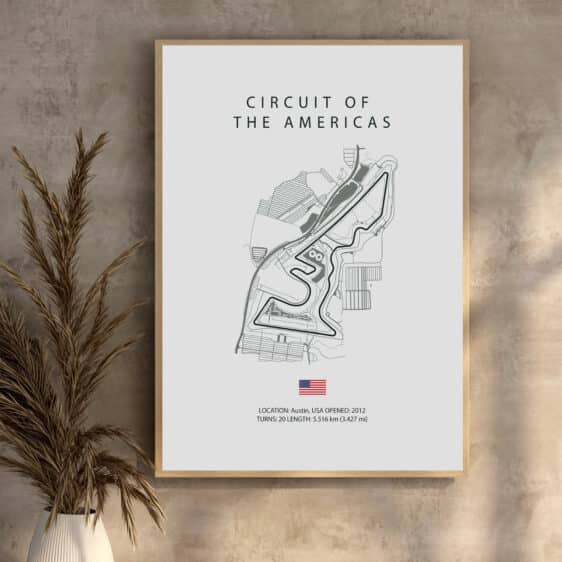 Monacos Grand Prix Formel 1 plakat. Viser Circuit of the Americas bane i gråtoner. Minimalistisk design, perfekt til Formel 1 fans.