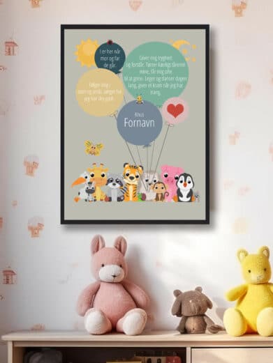 Sød Vuggestueplakat med navn! Gaveidé med farverige dyr og personlig tekst. Perfekt navnetavle til børneværelset eller som dagpleje gave.