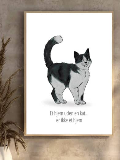 Katte plakat: 'Et hjem uden en kat...' med en sort/hvid kat. Minimalistisk stil. Perfekt boligplakat til katteelskere.