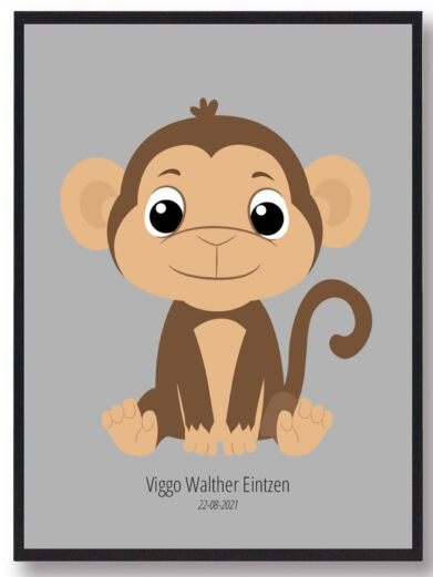 Navneplakat med dyr: Sødt abe design. Perfekt børneplakat med navn og dato. En unik navnetavle til børneværelset.
