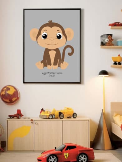 Navneplakat med dyr: Sødt abe-design på grå baggrund. Perfekt til børneværelset. Detaljeret og charmerende illustration.