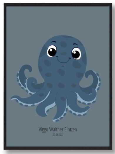 Navneplakat med dyr: Sødt blåt blæksprutte design. Perfekt til børneværelset. Personlig navnetavle med unik illustration.