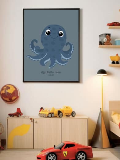 Navneplakat med dyr: Sødt blæksprutte design. Perfekt til børneværelset, med personligt navn. Fås nu på tilbud!
