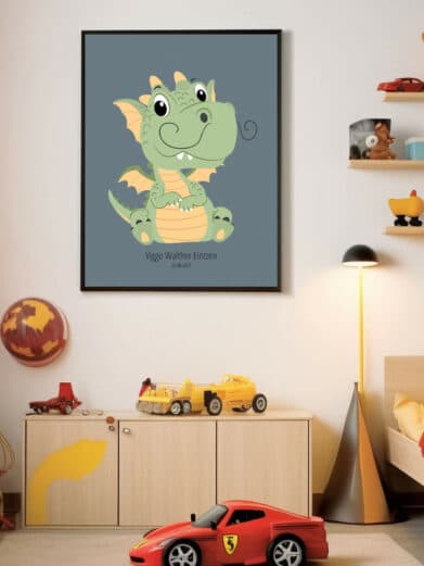 Navneplakat med dyr: Drage illustration. En sød, grøn drage med personligt navn. Perfekt til børneværelset. Kvalitets navnetavle.