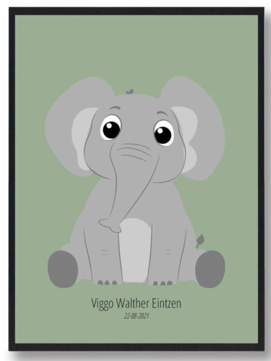 Navneplakat med dyr: Elefant illustration i grå nuancer på en grøn baggrund. Perfekt til børneværelset. Navnetavle med personligt navn.