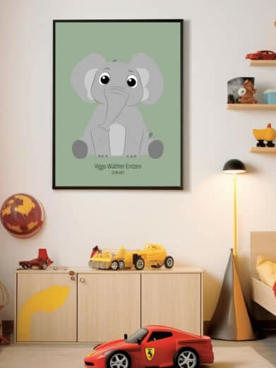 Navneplakat med dyr: Sødt elefantdesign. Perfekt til børneværelset. Personliggør med navn. Find din unikke navnetavle her!