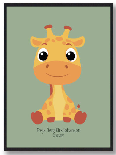 Giraf navneplakat med sød, tegnet giraf på grøn baggrund. Personlig børneplakat med navn og dato. Perfekt til børneværelset.