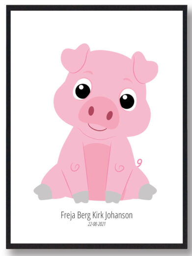 Sød navneplakat med dyr, en lyserød gris, perfekt til børneværelset. Personlig navnetavle med navn og dato.