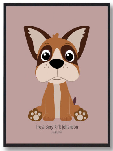 Navneplakat med dyr: Hund. Sødt design med brun hund i tegneseriestil. Perfekt til børneværelset.