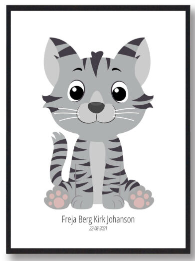 Navneplakat med dyr: Sødt, gråt katte-design. Perfekt børneplakat, navnetavle med personligt navn. Ideel til børneværelset.
