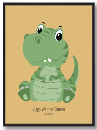 Sød T-Rex navneplakat med navn, perfekt til børneværelset. Grøn dinosaur illustration på beige baggrund i sort ramme. Dyreplakat til børn.