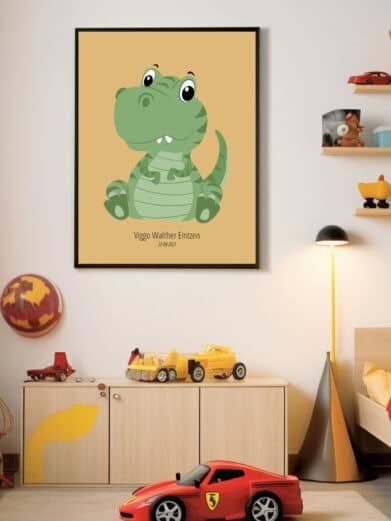 T-Rex navneplakat med sød, grøn dinosaur på beige baggrund. Personlig børneplakat til dreng eller pige. Perfekt til børneværelset!